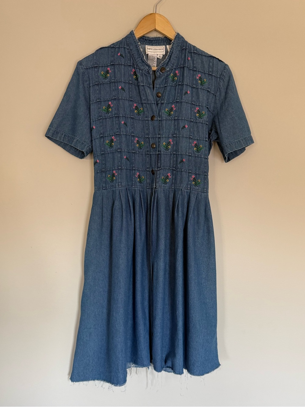 VTG Karin Stevens 80s Blue Pink Floral Denim Embroidered Cotton Dress Sz 8